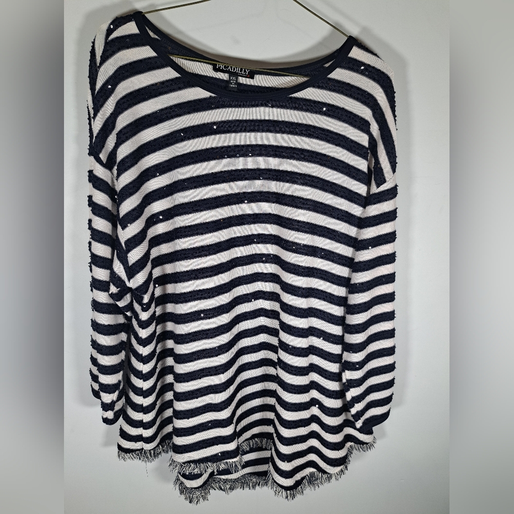 Piccadilly Black and White Striped 3/4 Sleeve Top XXL
